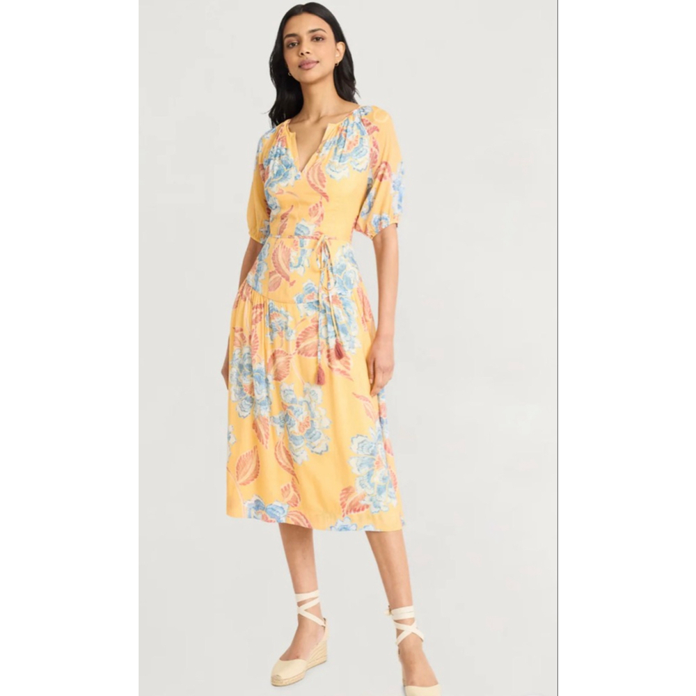 Women's THE GOOD JOURNEY Yellow Blue Floral Midi Dress XL New NWT MSRP $138